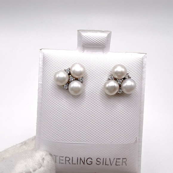 .925 Sterling Silver Simulated Pearl and Clear Cz Earrings - Picture 8 of 17